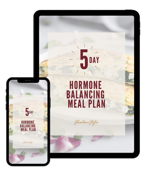 5 Day Hormone Balancing Meal Plan by Sharlene Styles on a tablet and mobile phone